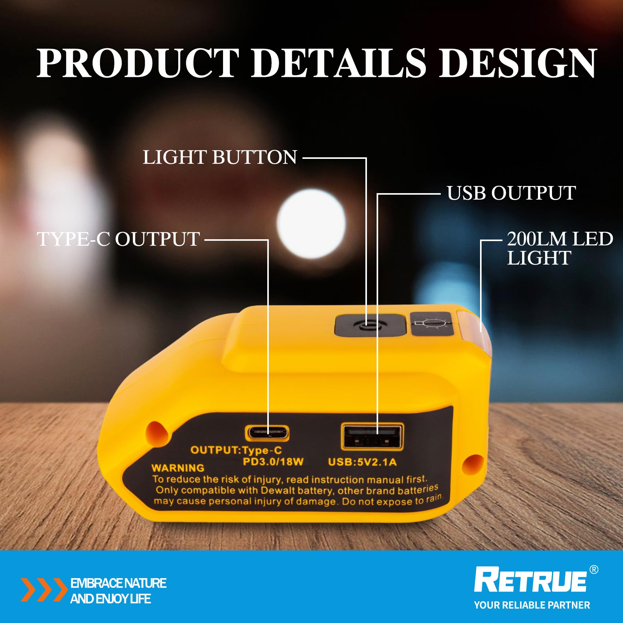 Przenośny adapter zasilania do generatora baterii 20 V MAX z ładowarką USB typu C i diodami LED do pracy, kampera, na kemping, w podróży, tylko narzędzie