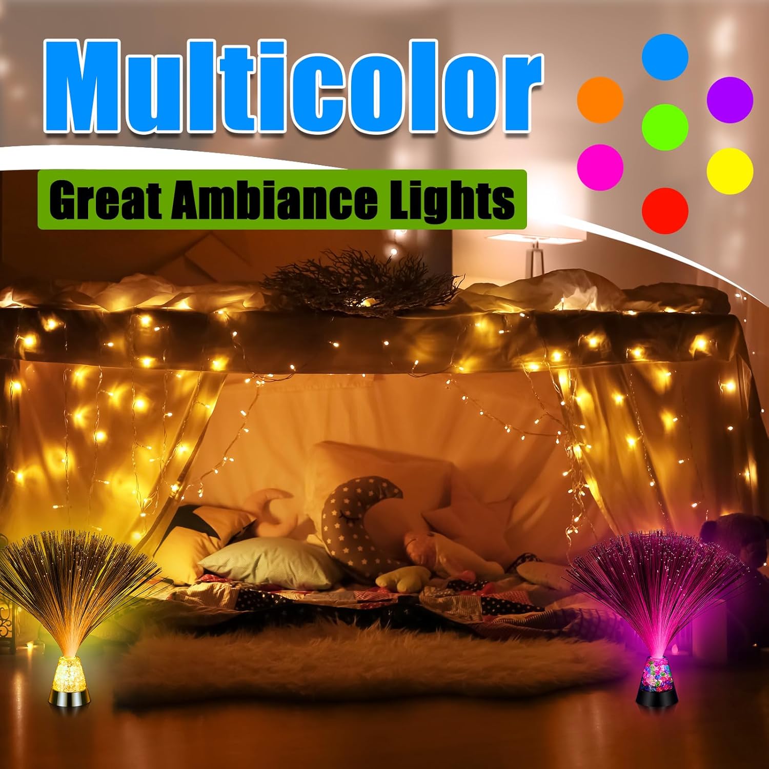 Retisee 4 Pieces Fiber Optic Lamp with Crystal Base 14inch Multicolored Sensory Lights Centerpiece Changing USB Battery Powered Fiber Optic Lights for Room Wedding Disco Party Decoration (Colorful)