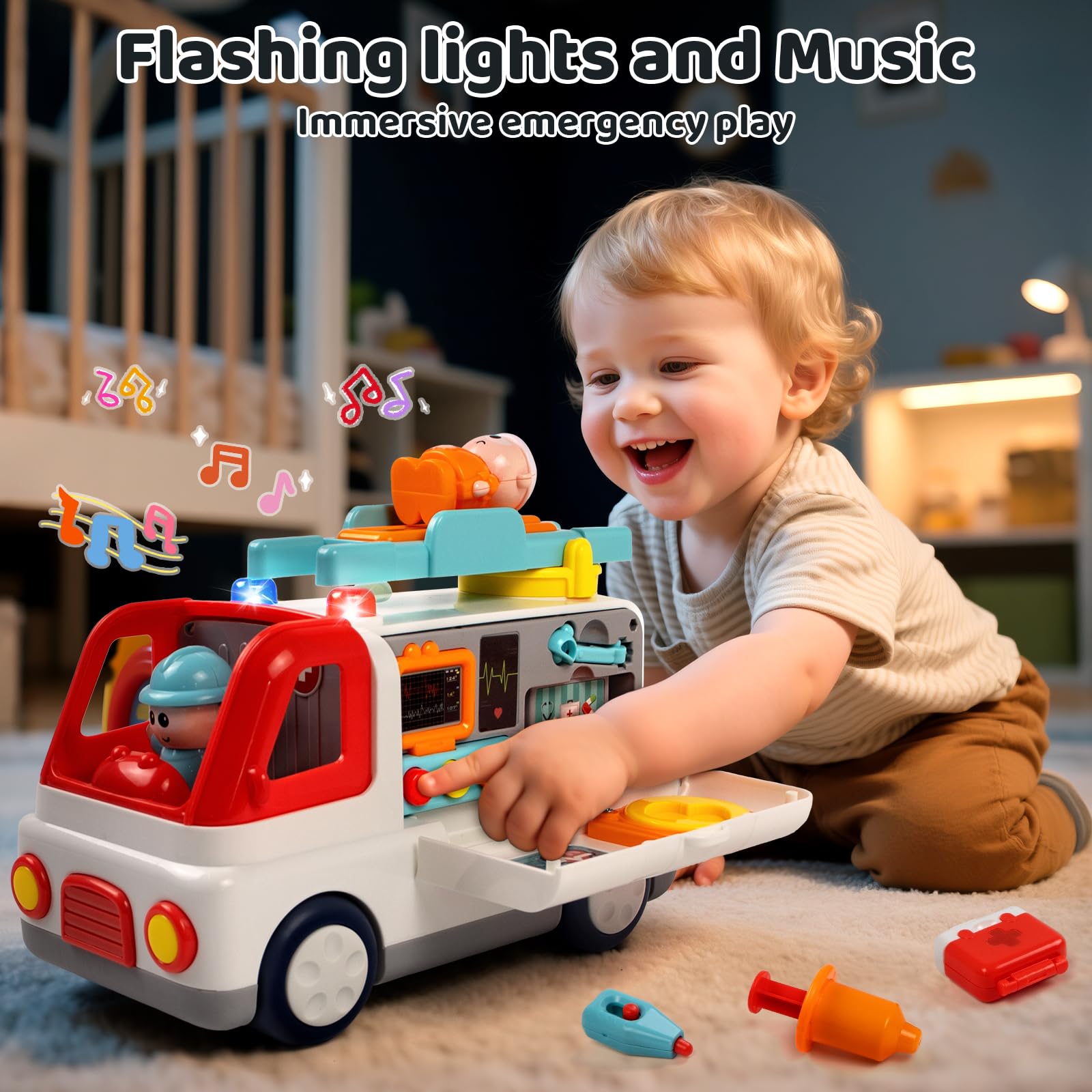 Juguete de ambulancia para niños a partir de 1, 2, 3 y 4 años con sonido ligero, ambulancia Montessori con figuras de accesorios médicos, muchas funciones juguetes educativos vehículos, regalos para