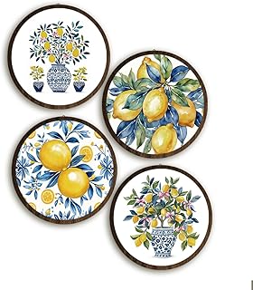 BIWSHA Blue Chinoiserie Lemon Wooden Wall Art Decor, Grandmillennial Lemon Botanical Round Wall Hanging Decor for Kitchen ...