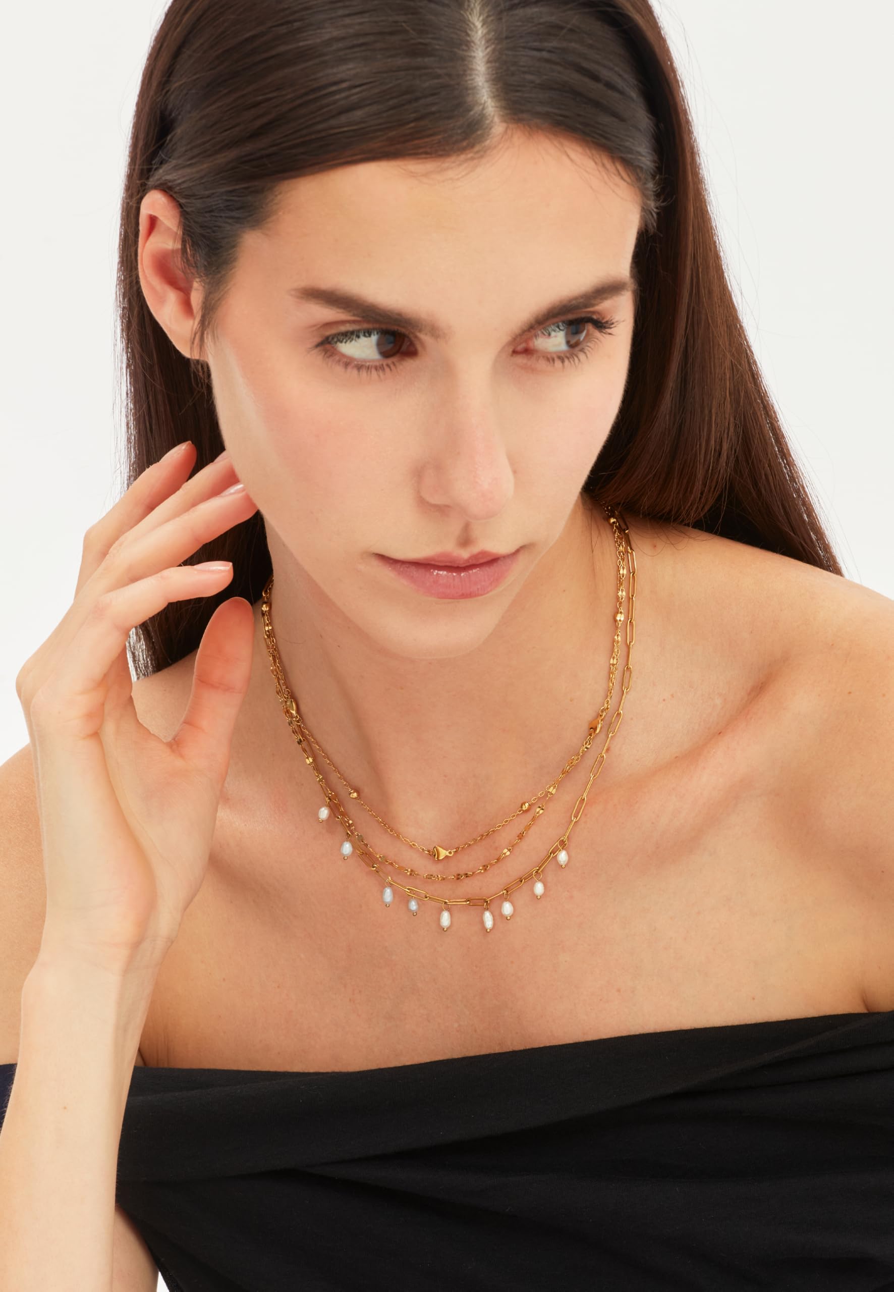 Breil, Collezione Magnetica System, Collana Donna Multigiro in Acciaio con Perle Pendenti Naturali ed Elementi a Forma di Cuore, Regolabile con Chiusura a Magnete, Idea Regalo Donne