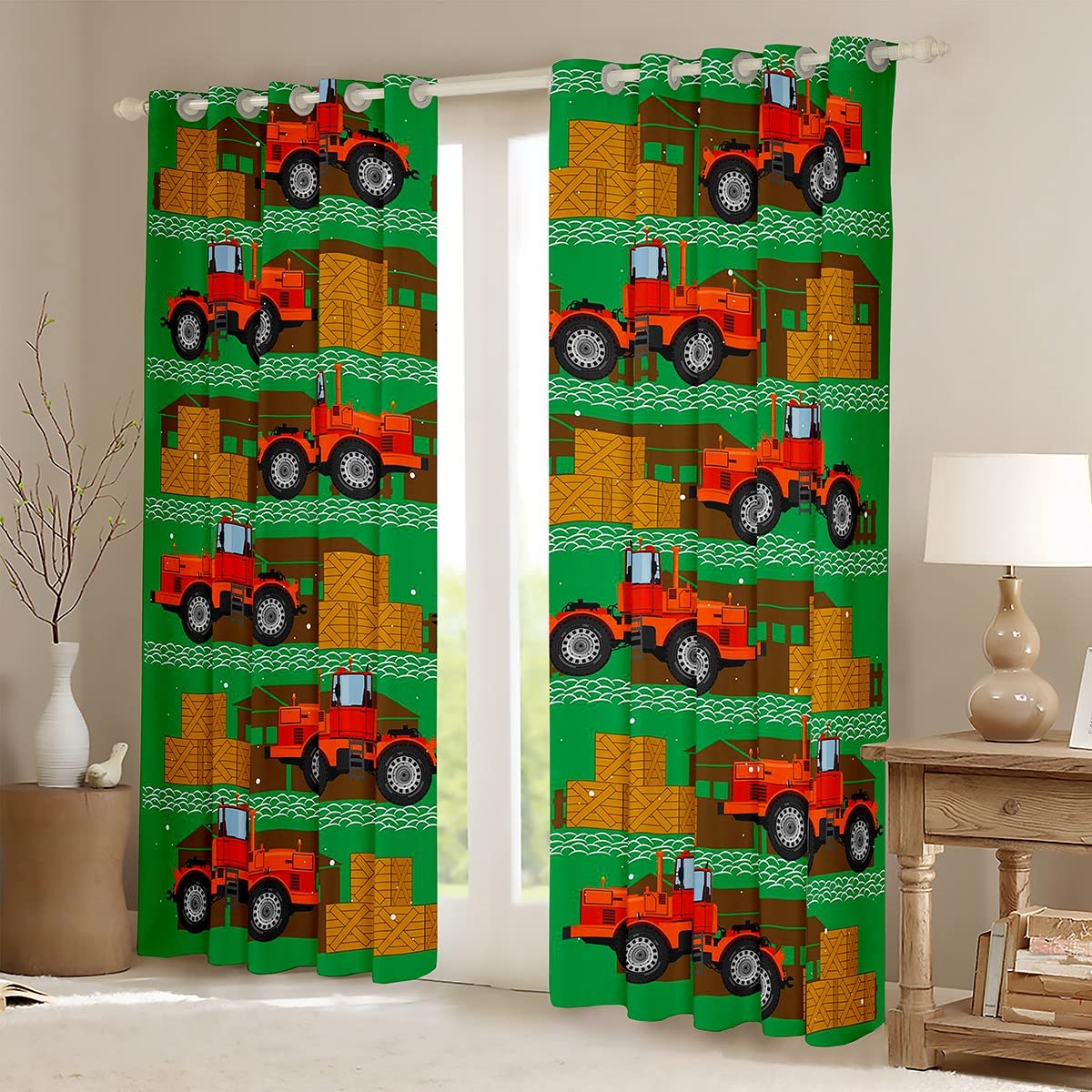 Cortinas Opacas de grúa de niveladora de maquinaria de Dibujos Animados (30% -50%) vehículos Verdes para oscurecimiento de automóviles, Cortinas de automóviles para Dormitorio, Adultos, tratamientos