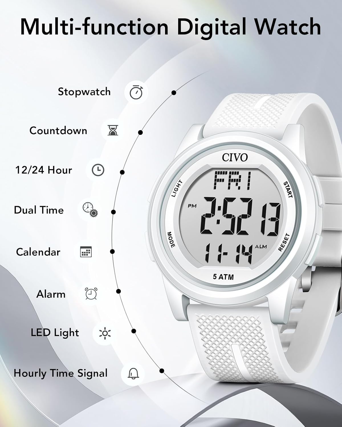 Diagram of the CIVO Digital Sports Watch showing button labels: LIGHT, MODE, START, RESET, and listing functions: Stopwatch, Countdown, 12/24 Hour, Dual Time, Calendar, Alarm, LED Light, Hourly Time Signal.