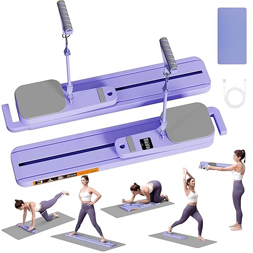 Upgraded Pilates Reformer Machine - 6-in-1 Fitness Board & Pilates Equipment Set with Ab Workout Equipment, Multifunctional Push-Up Board, Resistance Bands, Balance Board & Timer for Full Body Workout - Split-Purple