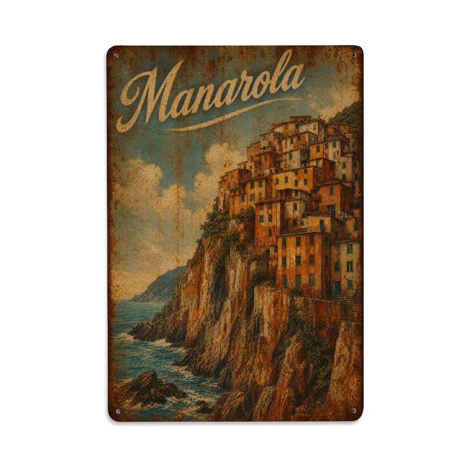 Huiyhb 8X12inch(20X30cm) Vintage Manarola Cliffside Houses Stacked Buildings Italy Metal Tin Sign