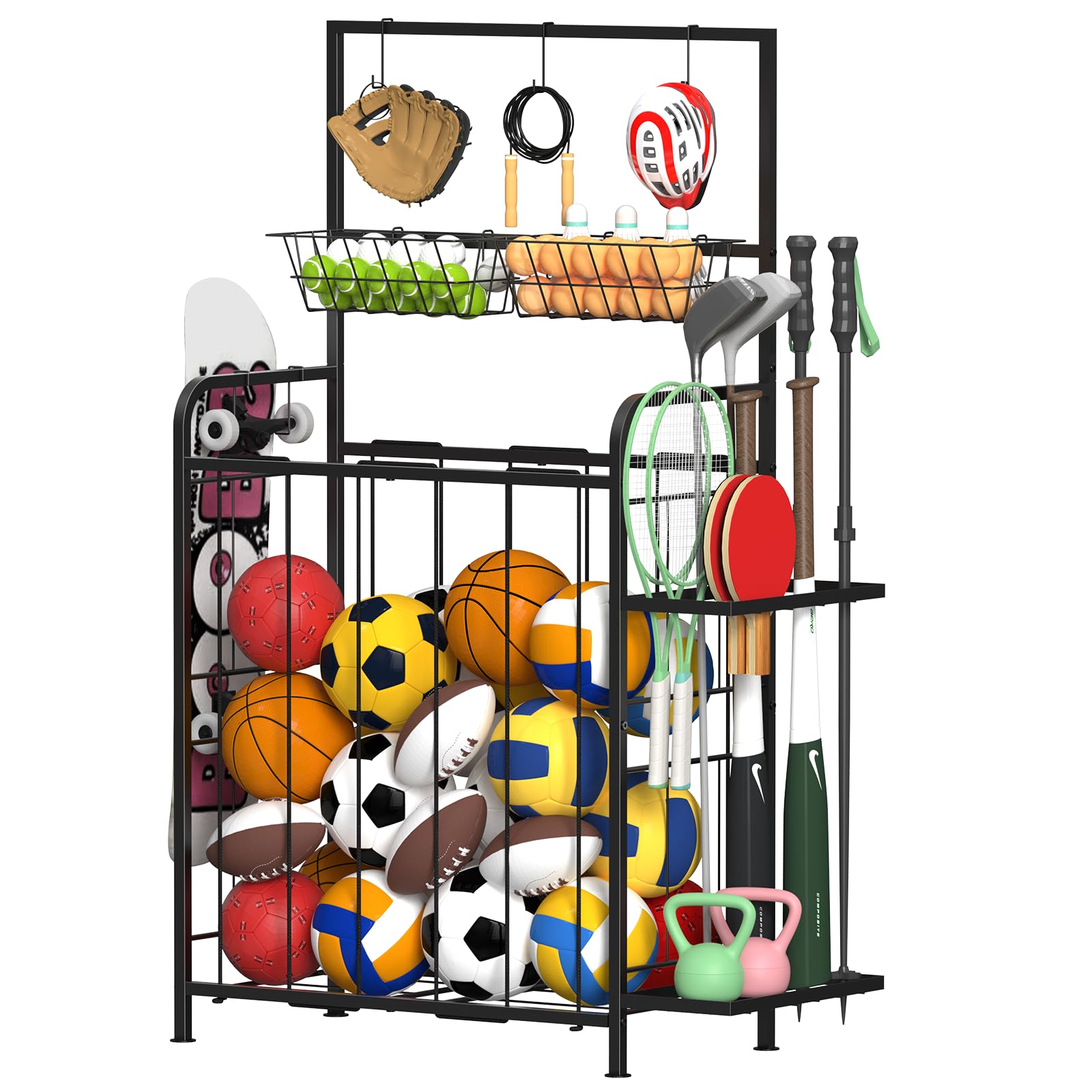 HEOMU Sports Equipment Organizer, Ball Organizer with Elastic Rope and Side Rack, Garage Ball Storage with 5 Hooks and 2 Baskets, Basketball Rack for Garage, Gym, Indoor or Outdoor, Black