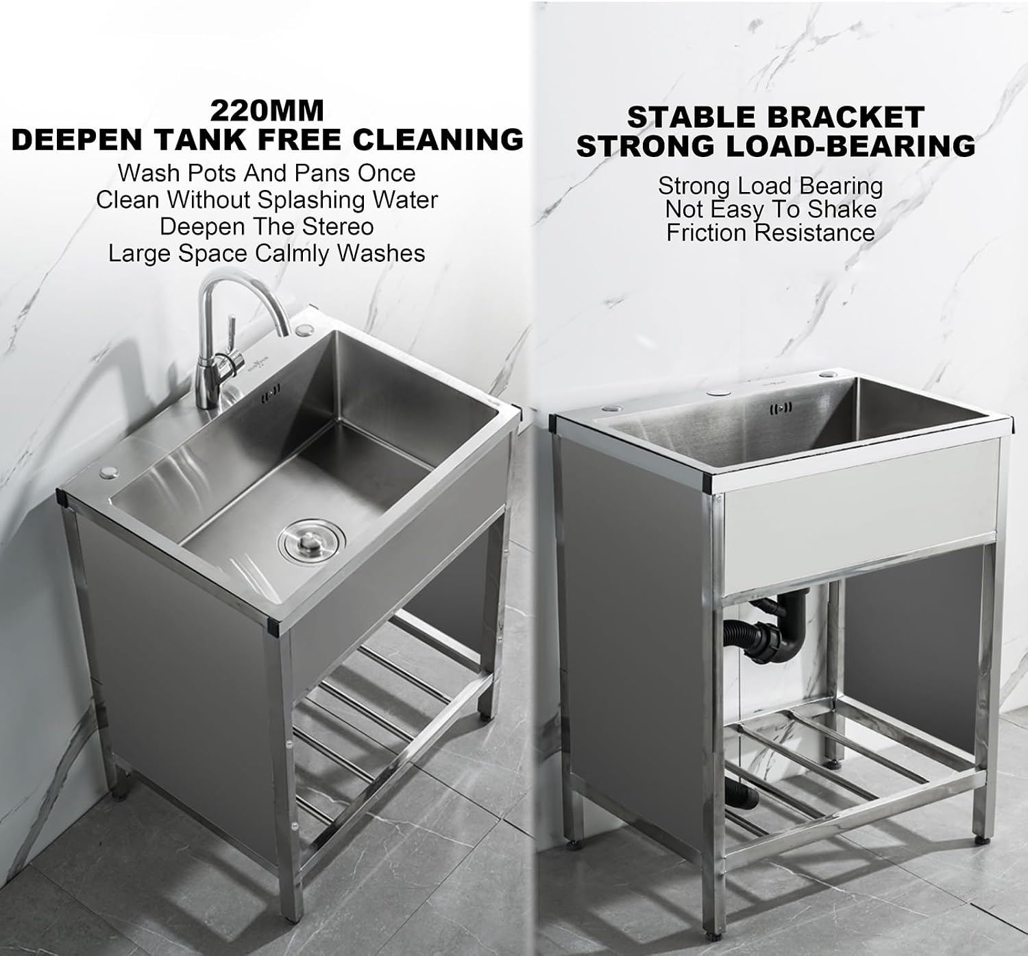 Outdoor Sink Set Freestanding Kitchen Sink Laundry Room Single Stainless Steel Sink with Faucet Cold and Hot Water Pipe