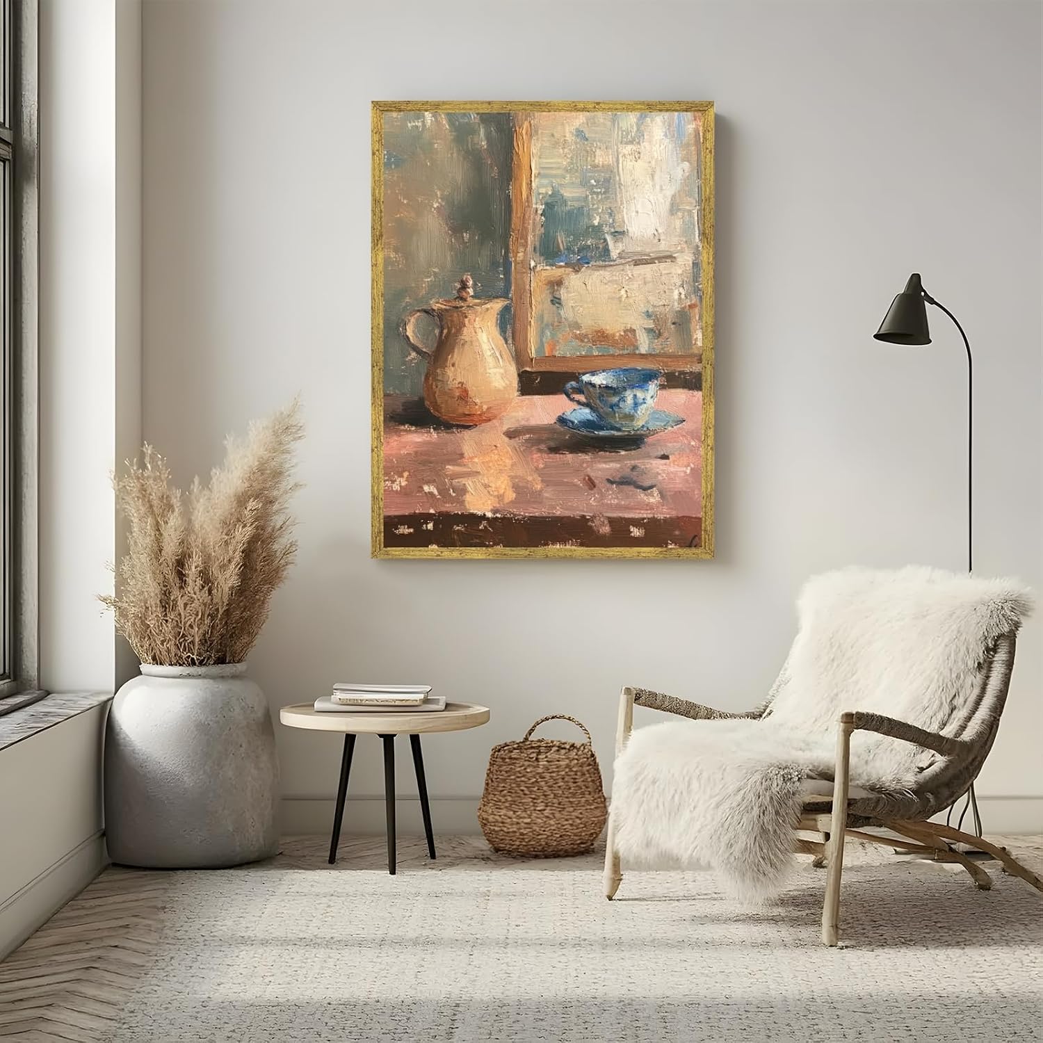 Licpach Large Framed Wall Art Vintage Still Life Teacup Kettle Poster Canvas Print Impressionist Rustic Painting Pictures Wall Decor Aesthetic for Living Room Kitchen Apartment 24x36inch Golden Frame