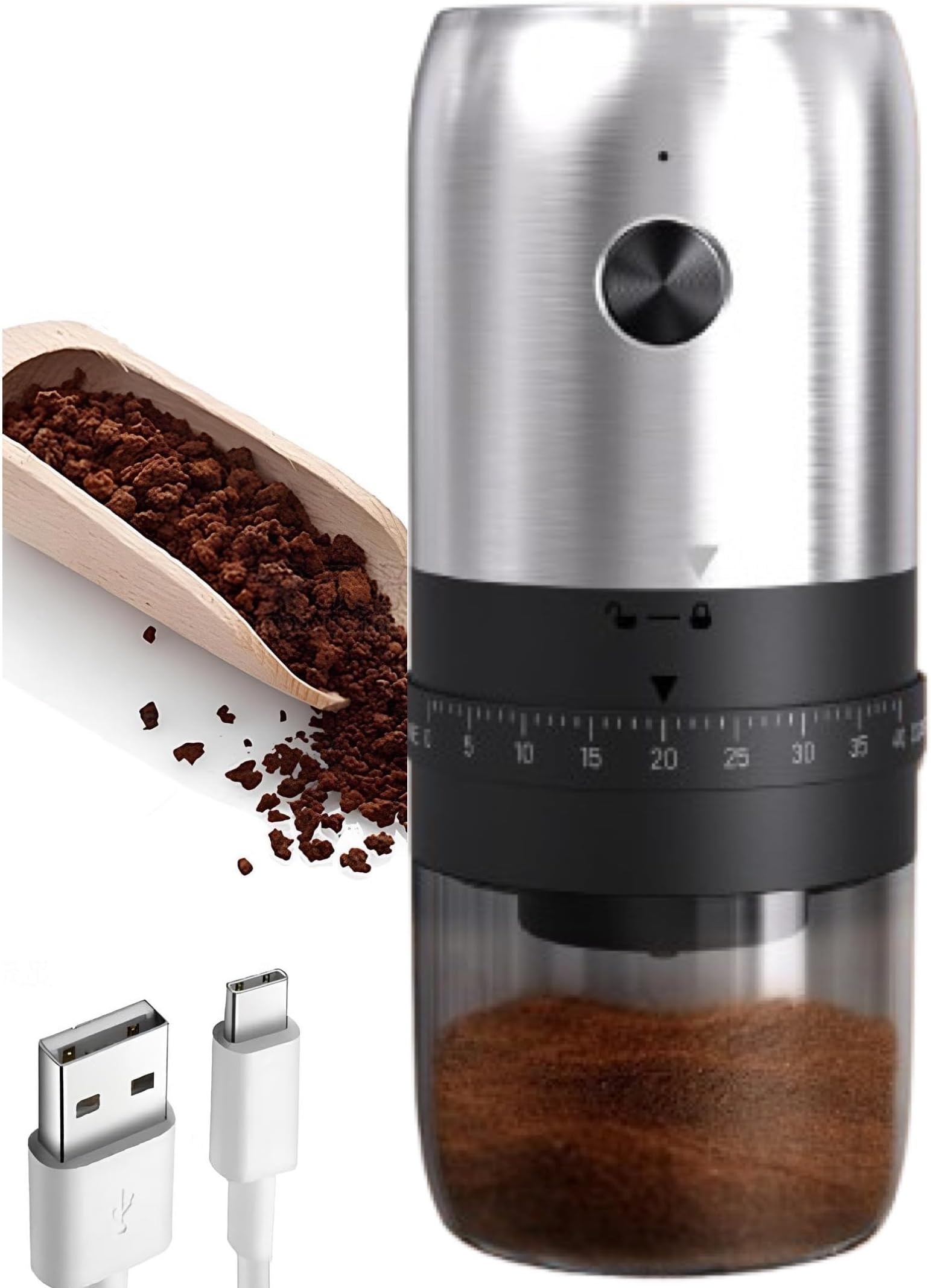 XVersion Electric Portable Burr Coffee Grinder, Type-C Rechargeable Bean Grinder with 40 Adjustable Settings from Coarse to Fine, 35g Capacity for Home, Travel, Camping & Espresso (Silver)
