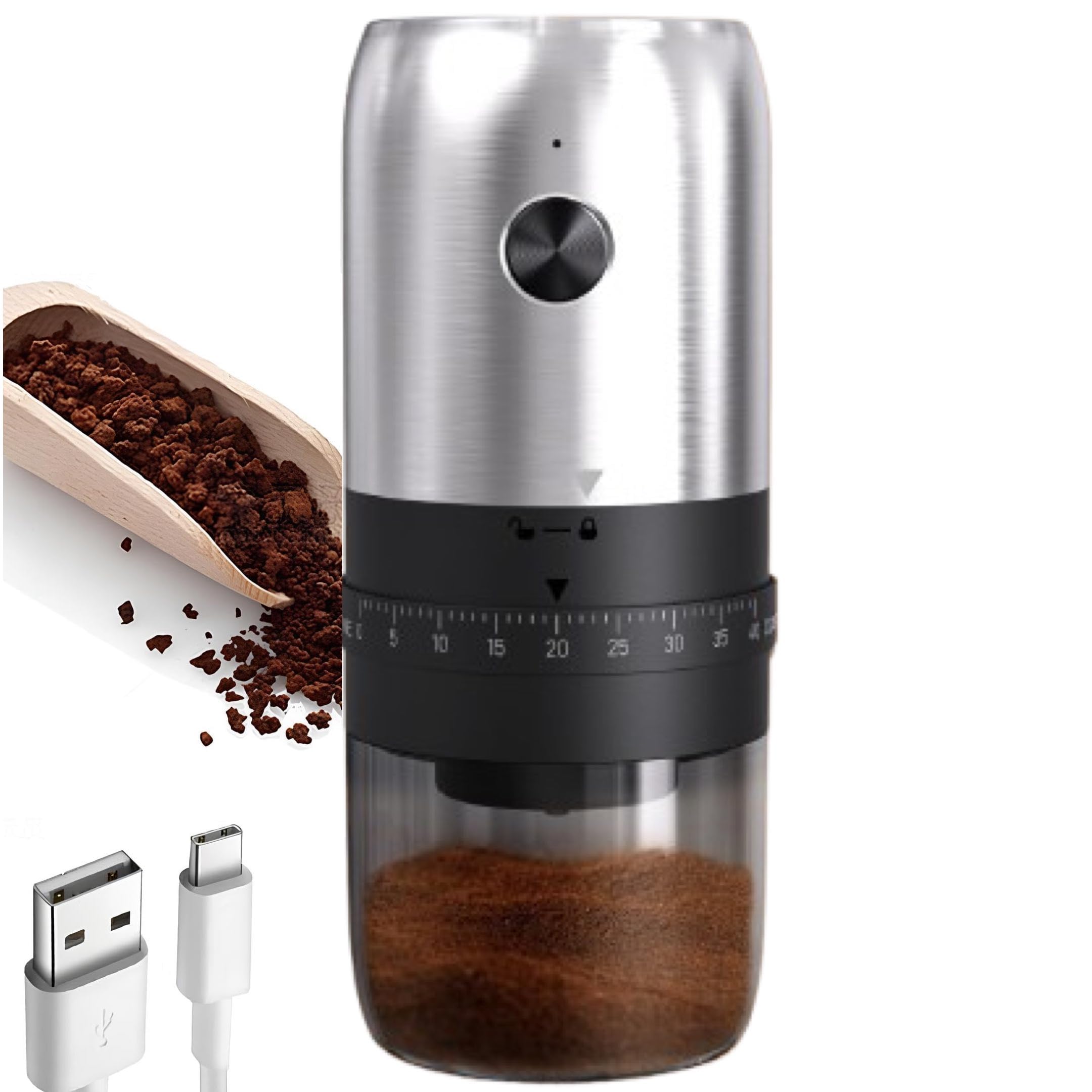 Electric Portable Burr Coffee Grinder, Type-C Rechargeable Bean Grinder with 40 Adjustable Settings from Coarse to Fine, 35g Capacity for Home, Travel, Camping & Espresso (Silver)