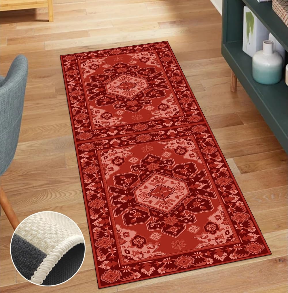 Alfombra larga lavable de estilo vintage con base segura en color rojo