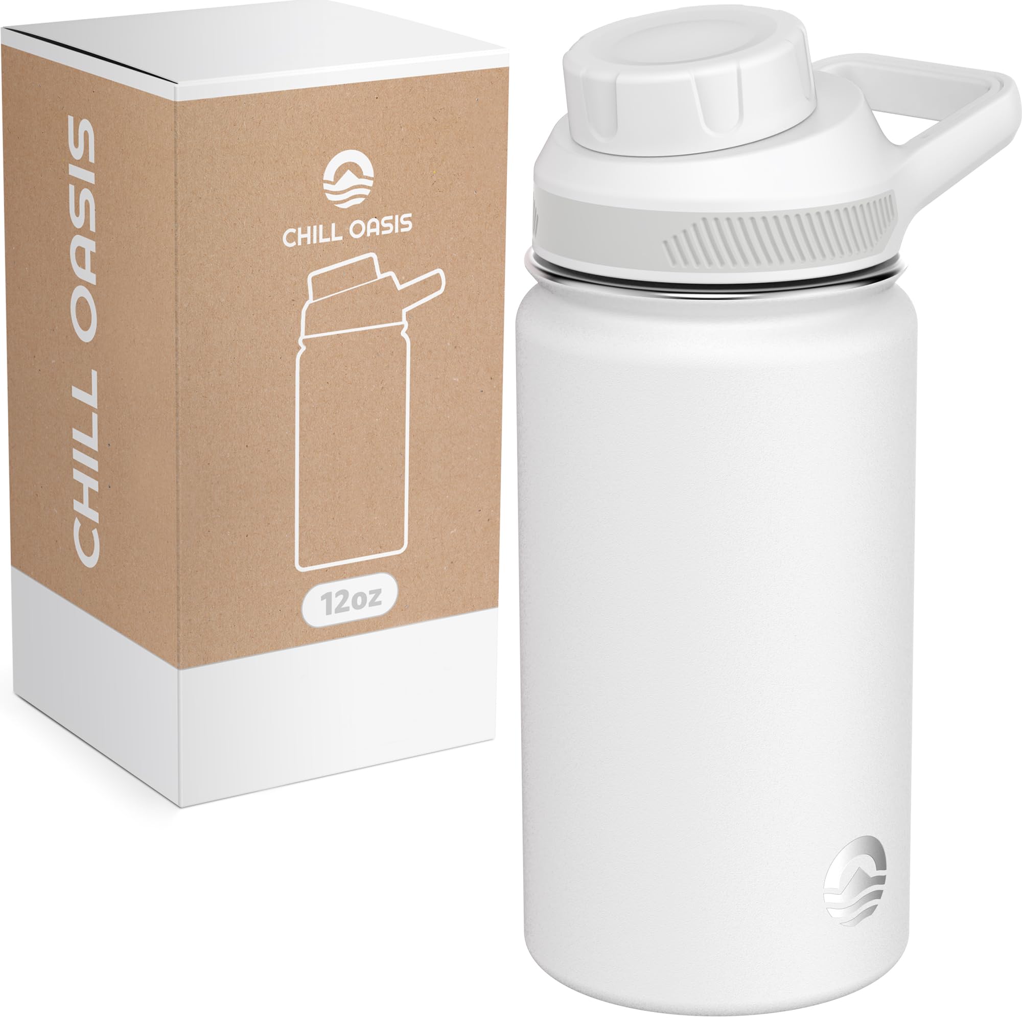 Chill OasisWater Bottle | Compatible With Popular Flavor Cartridges | BPA Free, Leak Proof, Double-Walled Vacuum Insulated Stainless Steel, and Dishwasher Safe | Cold for 24 Hours (White, 12oz)