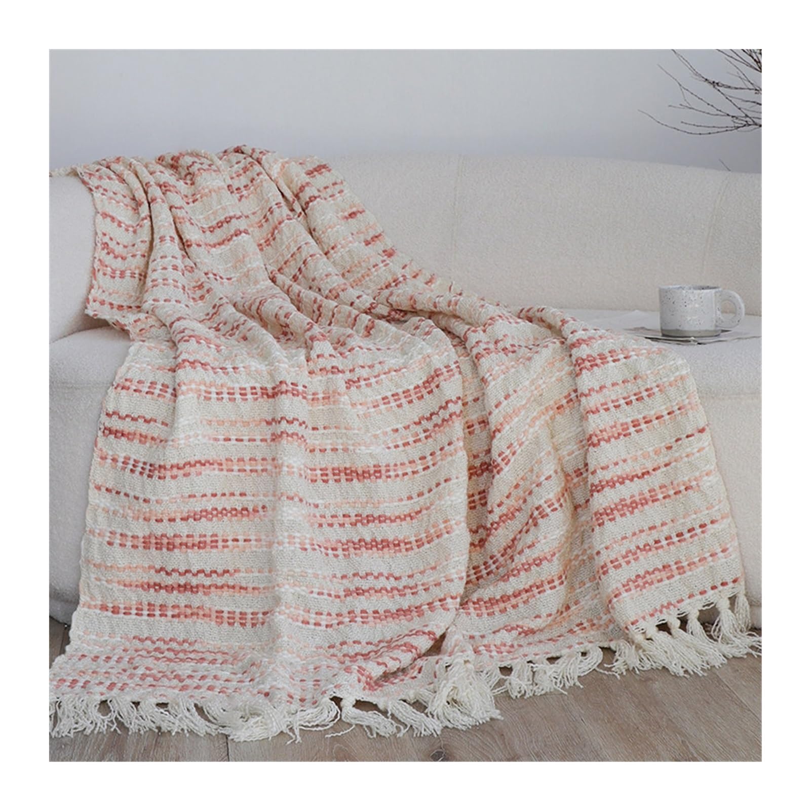 DHJKFU Bohemian Striped Handmade Tassel Throw Blanket for Couch