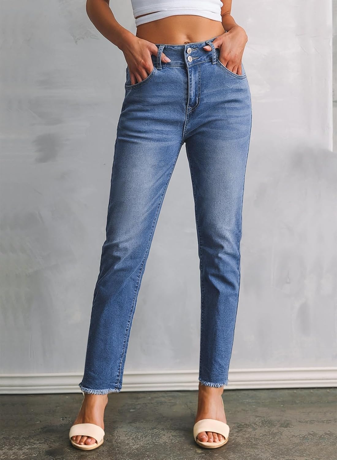 Sidefeel Women's High Waisted Jeans Strechy Fashion Raw Hem Straight Leg Ankle Denim Pants with Pockets - Image 3