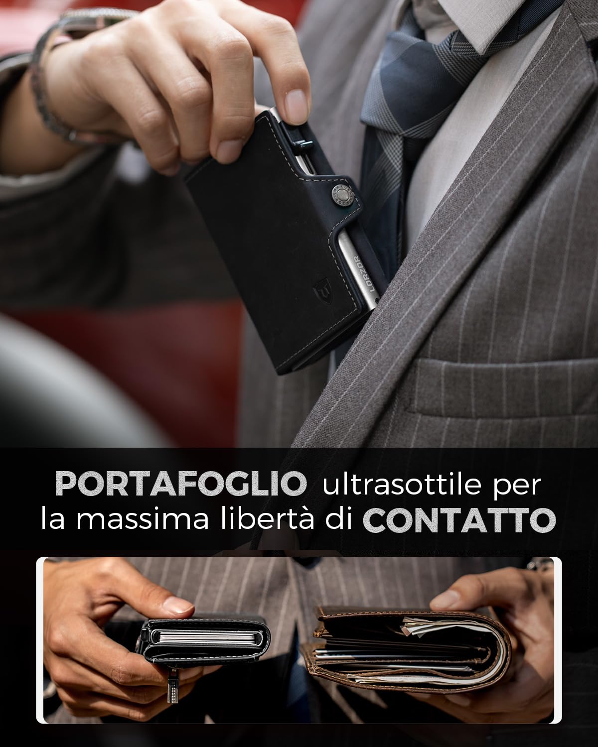 LORZOR Portafoglio Uomo Pelle, Porta Carte di Credito con Protezione RFID & Portamonete, Porta Tessere Tascabile, Portacarte Uomo Pop-up Contenere 10 Carte,con Scomparto per Contanti