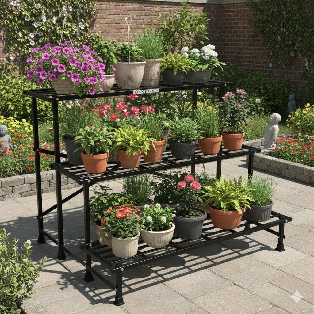 AKURA,3-Step Metal Gardening Stand/Planter Stand for Indoor &Outdoor Plant Pots(Steel Tube: 20 x 20 mm;Size:W-100cm x D-85cm x H-77.5cm) (Color - Black)