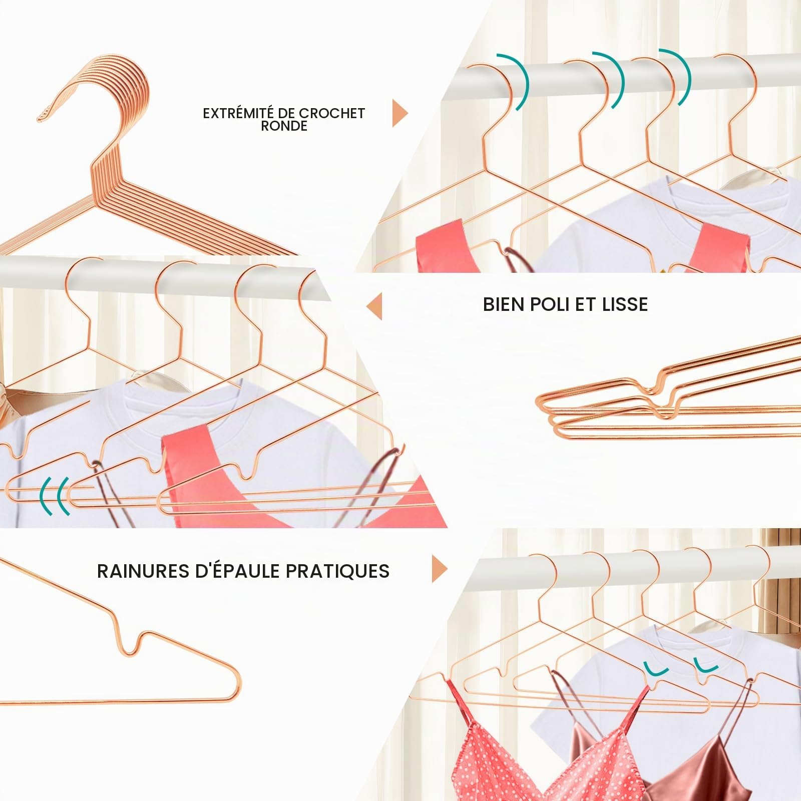 ABHENG Lot de 100 Cintres en Métal, Robustes, Gain de Place, Résistant, Antirouille, Élégants et de Qualité, Durables, 42 x 0,3 x 21 cm (L x B x H), Or Rose, AIY03100R