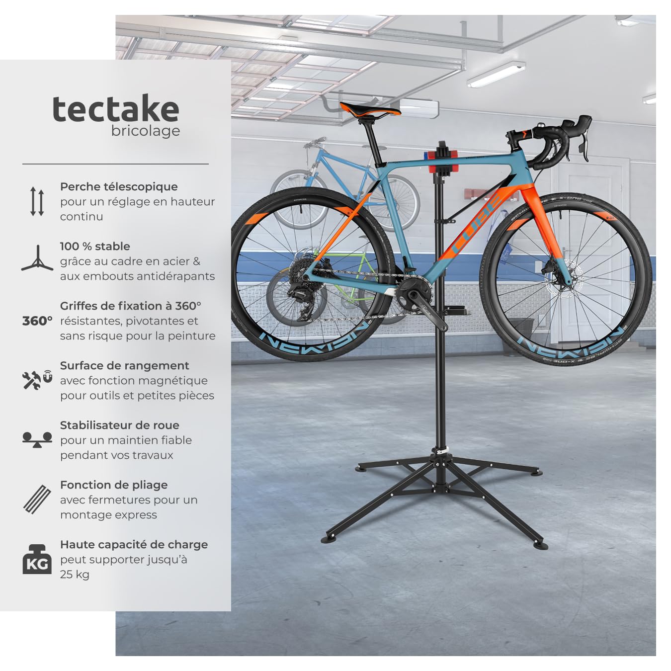 tectake® Support Velo Pieds d'atelier Support Vélo, Montage Entretien Reparation VTT Vélo electrique Velo de course, Charge max. 25kg Réglable Pliable - 85 cm x 85 cm x 200 cm