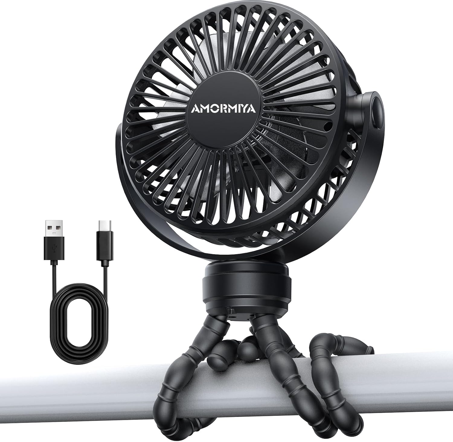 Amormiya Stroller Fan, 4000mAh 20H Battery Operated Portable Fan, 3H Fast Charging Type-C Rechargeable Clip on Fan, Ultra-Quiet Flexible Tripod Fan for Car Seat, Crib, Treadmill, Travel - Black