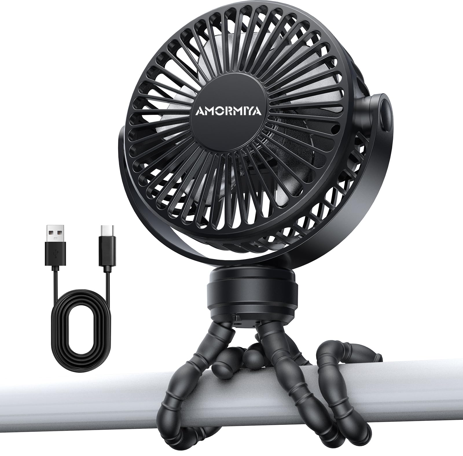 Ventilatore portatile a clip per passeggino con treppiede flessibile, 3 velocità e rotazione a 360°, mini ventilatore ricaricabile a batteria per carrozzina, seggiolino auto, culla, tapis