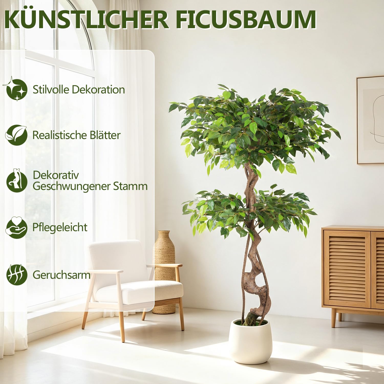 Ficus-Kunstbaum 120cm Birkenfeige mit zweistufiger Krone im weißen Topf
