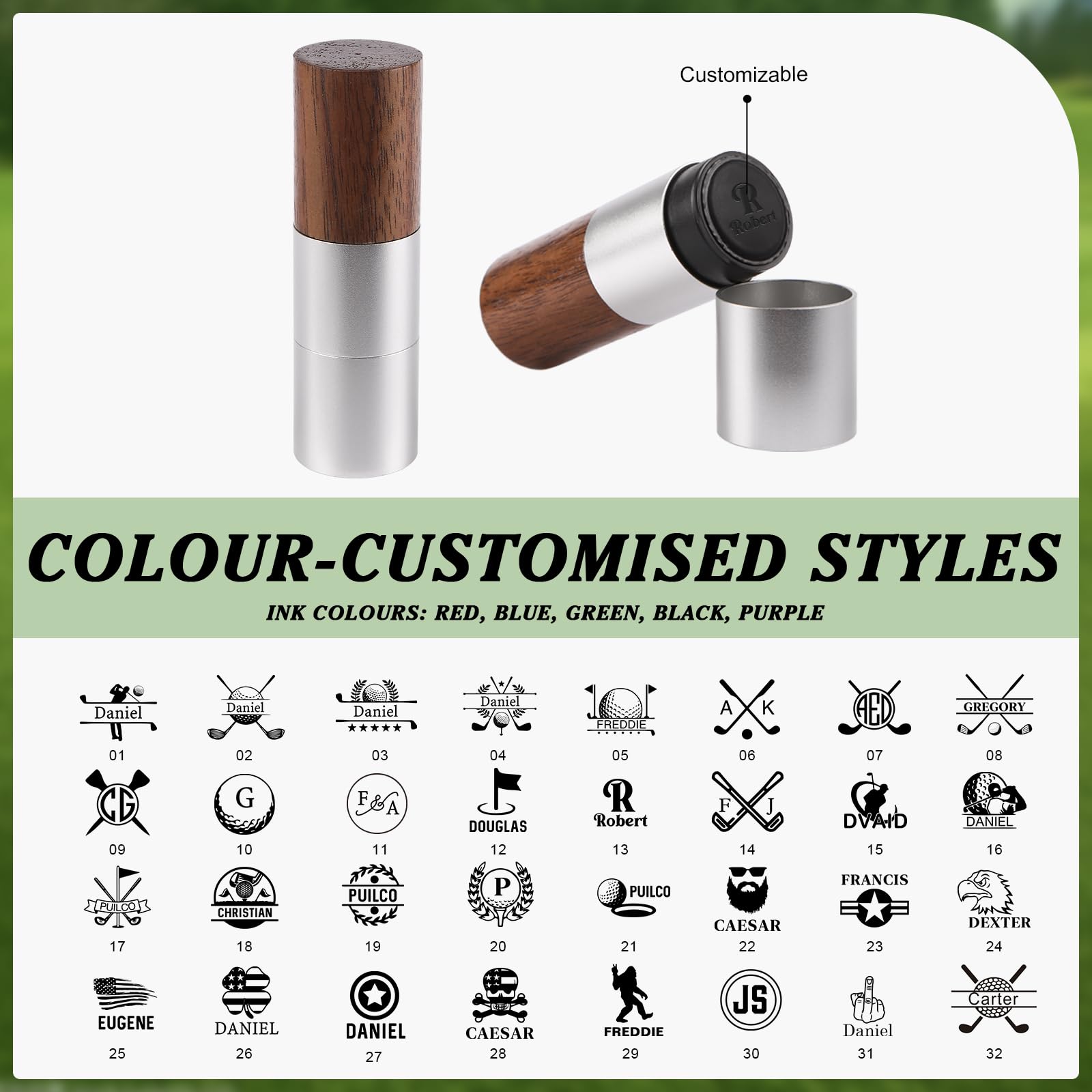 Rayiant Personalized Name Golf Ball Stamper, Gifts for Men Dad Husband, Self-Inking Golf Ball Stamp Markers, Golfer Gift Golfing Accessories (Walnut Wood, Black)