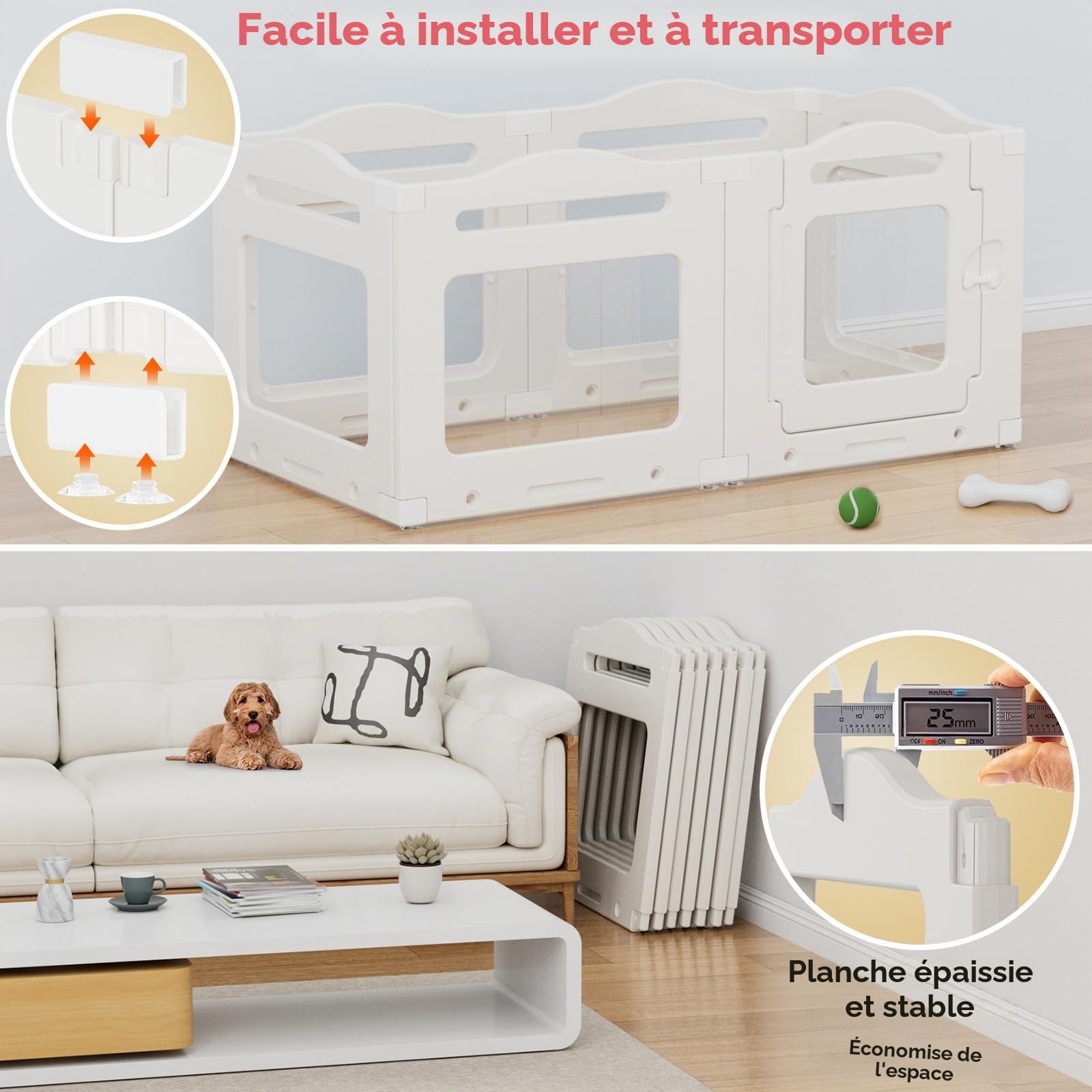 Clevich Enclos pour Chien en Acrylique 129 × 68 × 60 cm, 5 PCS +1 Panneaux avec Porte à Verrou, Clôture d'Intérieur Parc Chien Interieur, Pliable avec Ventouses, adapté aux Appartements, Blanc