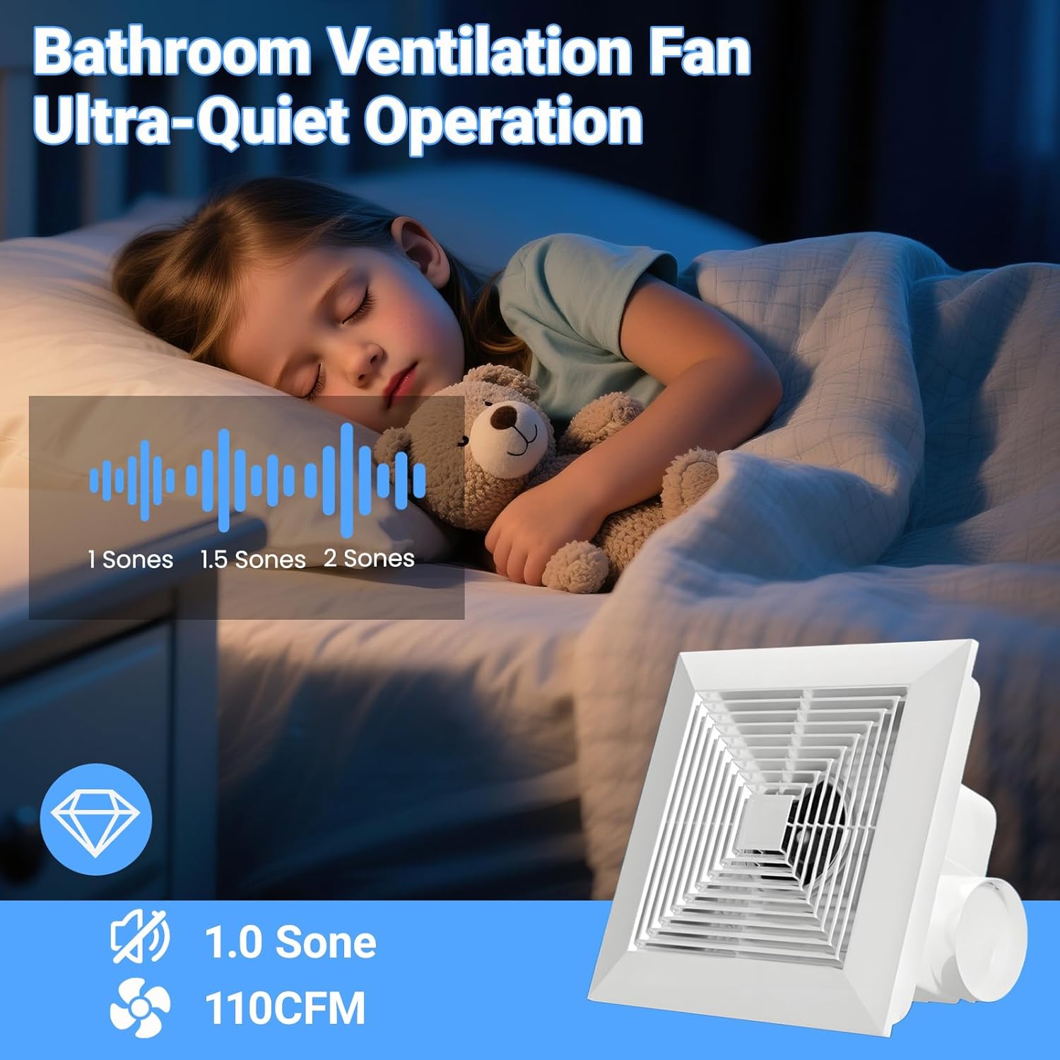 Bathroom Exhaust Fan 110 CFM 1.0 Sones Quiet Operation, Ceiling Mount Ventilation Fan Large Air-flow Capacity, Energy-Saving Ceiling Exhaust Fan, 4" Duct for Shower, Bathroom, Office, Home (110 CFM)