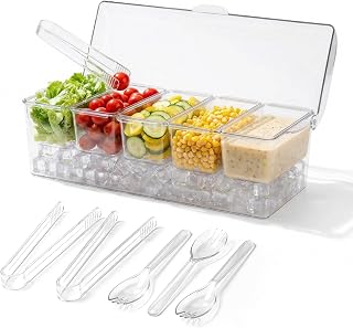 Chilled Condiment Caddy, Ice Condiment Basket, Serving Trays with Removable Trays, Refrigerated with Lid for Home Party and Celebration, Ice Bar Garnish Holder with 3 Spoons and 3 Tongs
