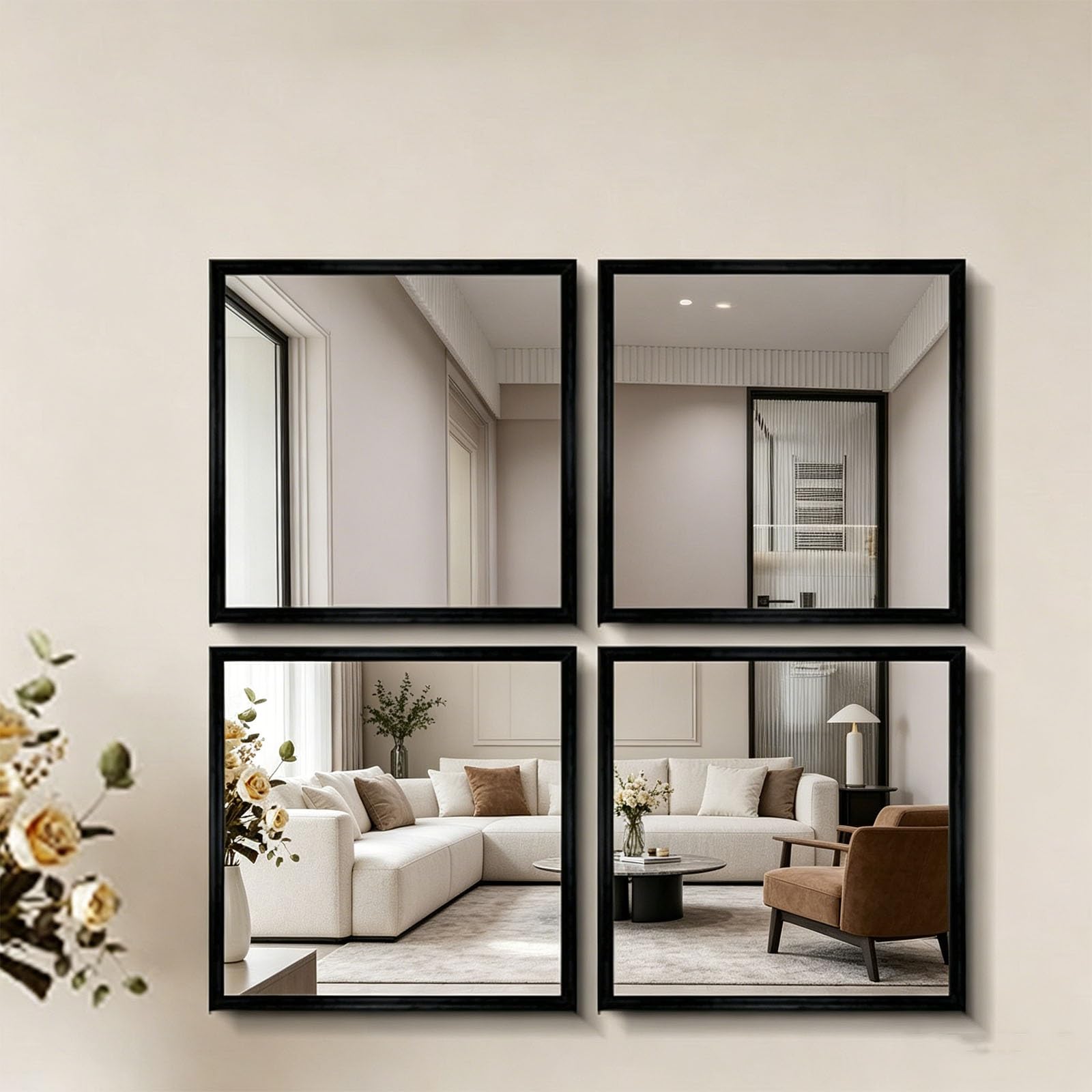 DAJIAYIQI Bathroom Vanity Mirror, Modern Geometric Mirror, Decorative Wall Mirrors for Living Room Bedroom Dining Room, Black(4PCS,40cm)