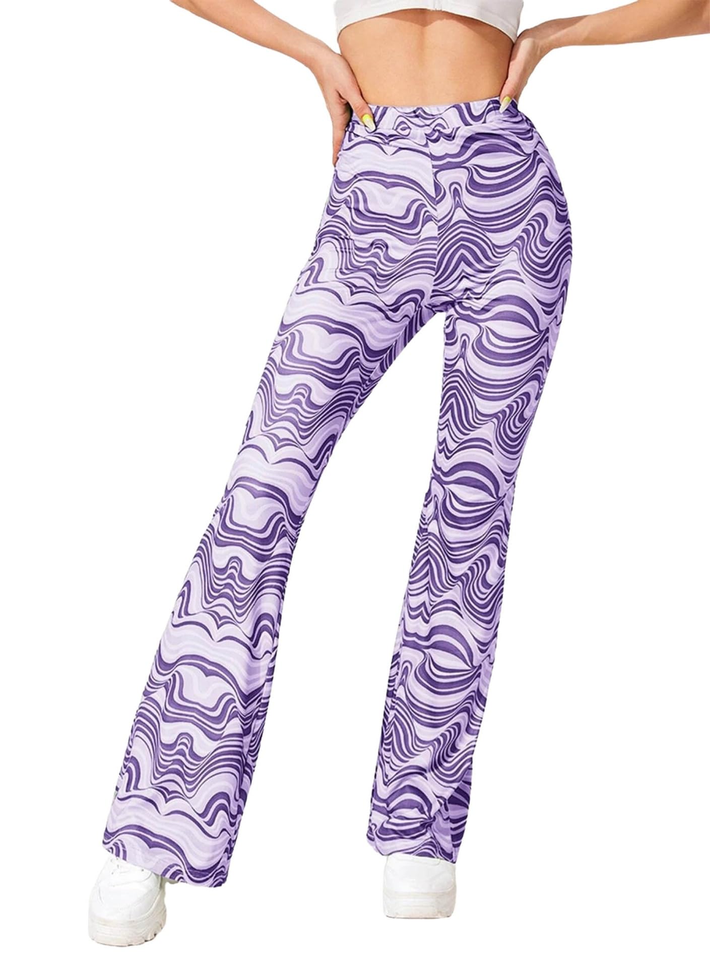 EVELUST Festival Flare Hosen Für Damen - 70er Jahre Outfit Hippie Kleidung Flower High Waist Breite Bein Flair Leggings Rave Disco Kostüm Palazzo Schlaghose Sommer Bell Bottom