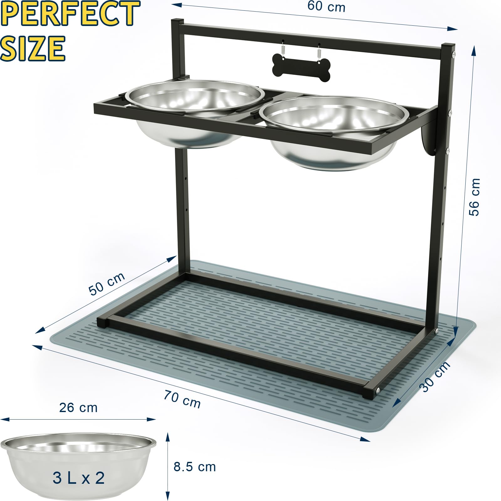 Comederos Elevados para Perros con 4 Alturas Ajustables e Inclinación de 10°, 2 Boles de Acero Inoxidable (3L x 2) y Alfombra Antiderrames, Perros de Raza Gigante, Grande y Mediano