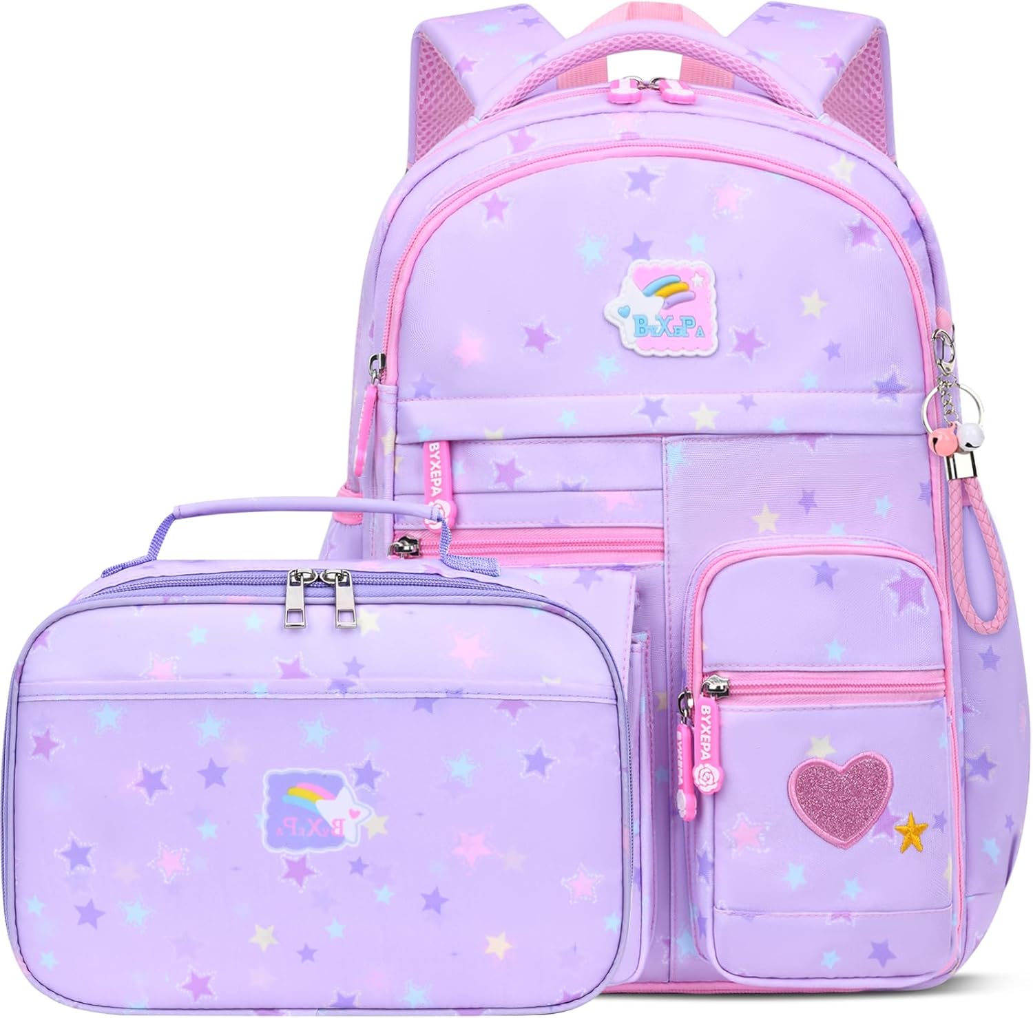 Backpacks for Girls School Cute Kids Backpack Bookbags with Insulated Lunch Box Set for School Elementary Girl (Star Purple)