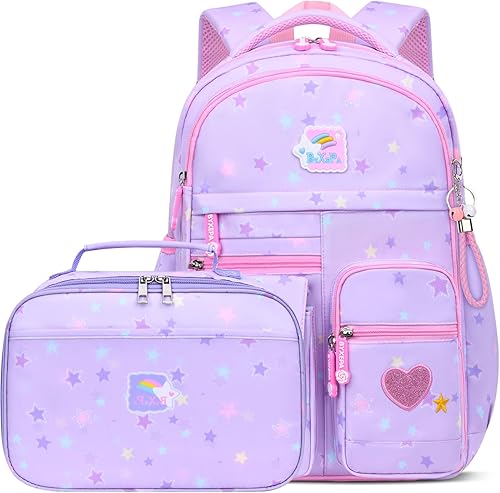 Mochilas para niñas, escuela, lindas mochilas para niños, con lonchera aislada, juego para la escuela primaria, púrpura (Star Purple), Mochila