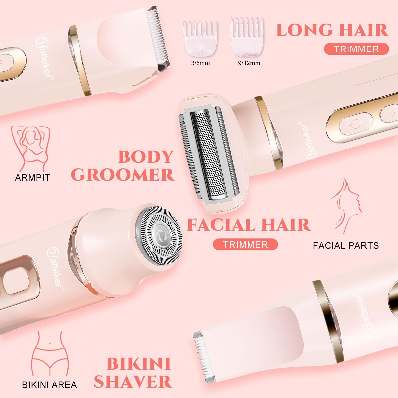 Maquinilla de afeitar eléctrica 4 en 1 para mujer, IPX7, impermeable, para piernas, brazos, facial y axilas, inalámbrica (rosa)