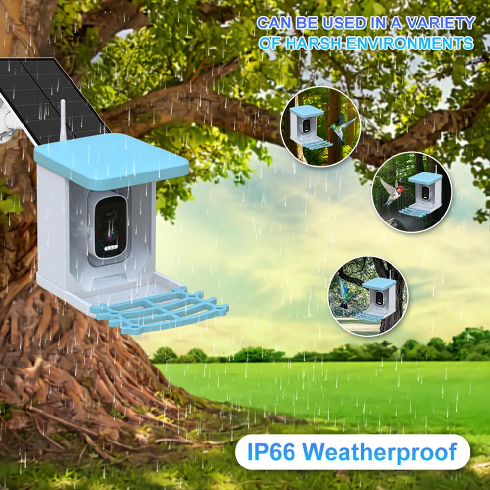 Intelligentes Vogelfutterhaus mit Kamera für den Außenbereich, solarbetrieben, 2 l Fassungsvermögen mit KI-Vogelerkennung, Vollfarb-Nachtsicht, IP66-Wasserdichtigkeit für