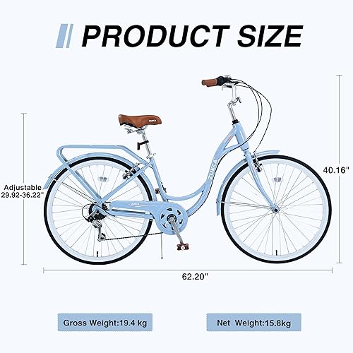 Miniatura 3 de 2426 Inch Adult Bike Ladies Cruiser Bicycle 7 Speeds Steel Frame Cith Bikes Commuter Cycle for Women, Men, Seniors, Multi Colors