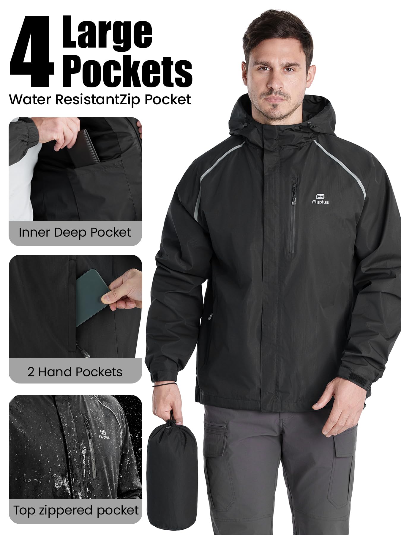 Chubasquero para hombre, ligero, impermeable, plegable, con capucha, chaqueta reflectante para bicicleta, cortavientos, transpirable, para senderismo, correr, camping al aire libre