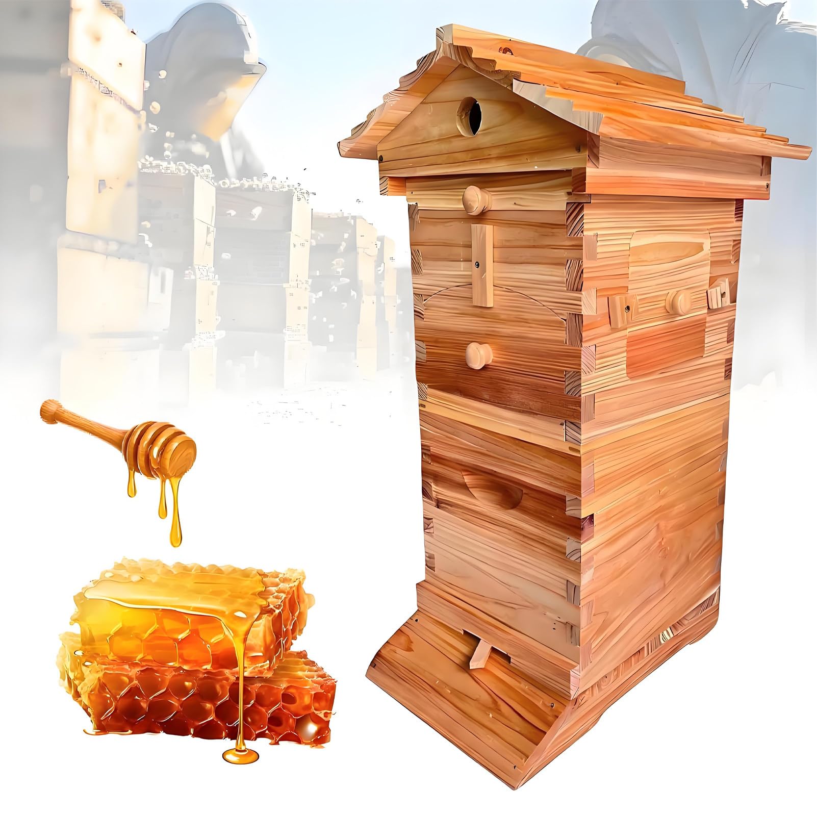 Bienenstock Starter Kit mit 4 automatisch fließenden Rahmen & 6 Brutrahmen, Bienenbox aus Holz mit Beobachtungsfenster & Honigauslauf für Anfänger Imker
