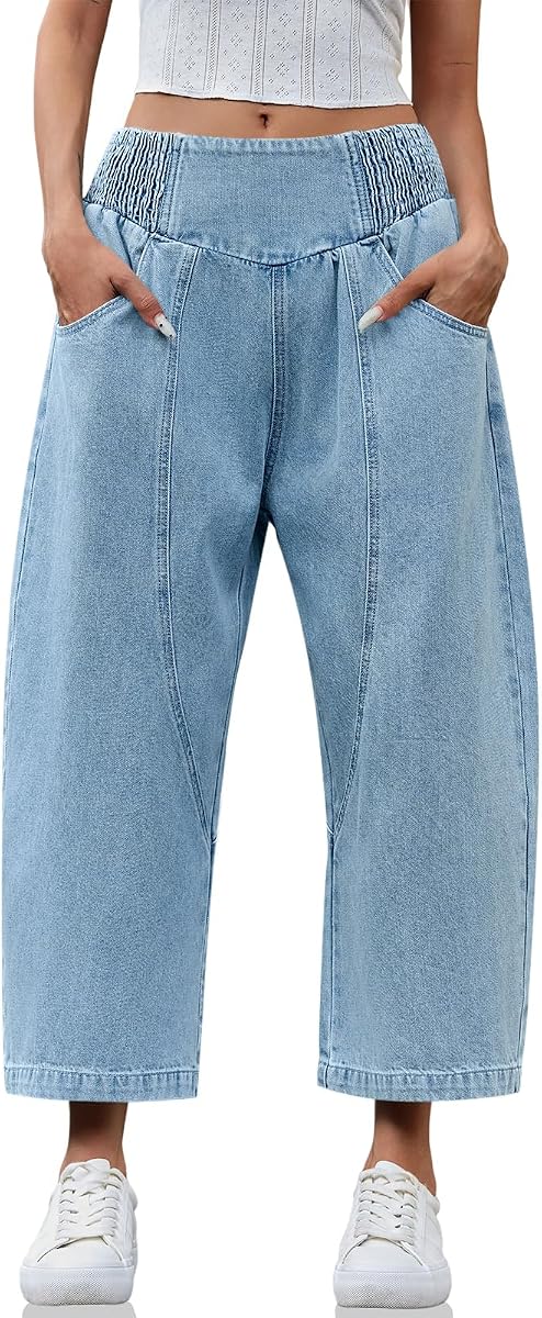 Pantalones vaqueros cortos de pernera ancha para mujer Cicy Bell Baggy Boyfriend Mid Denim Pants | Rise Harem, cinturilla ahuecada elástica alta, corte holgado