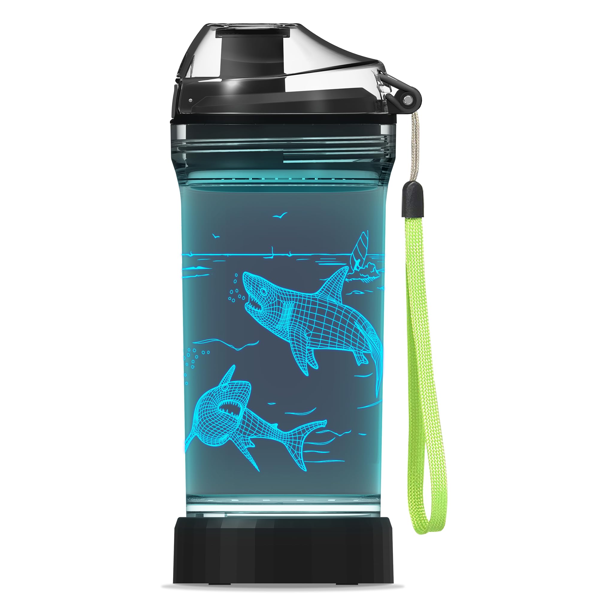 Kinder-Wasserflasche mit Hai-Motiv, mit 3D-LED-Licht, 400 ml, Tritan, BPA-frei, kreativ, Kinder, Jungen, Kinder, Urlaub, Camping, Picknick