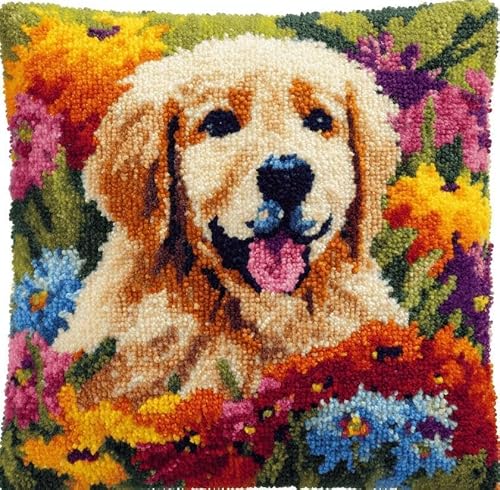 Taxpy Latch Hook Pillow Kits Flower and Dog 17X17In
