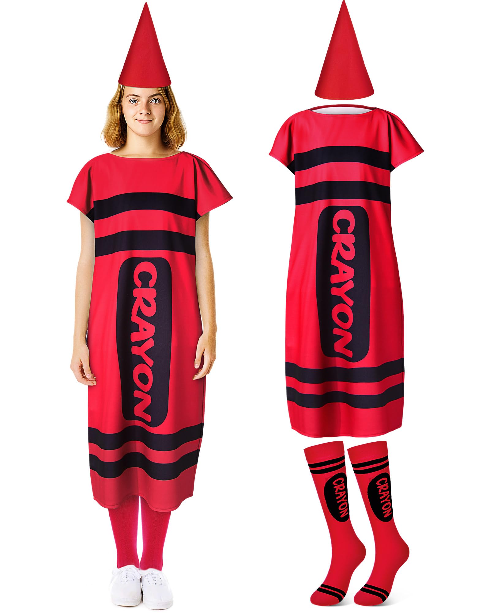 Mepase 4 Pcs Colorful Crayon Costume for Adults, Crayon Fancy Dress Cone Dwarf Cap Stockings for Teacher School Supply, Red, X-Large
