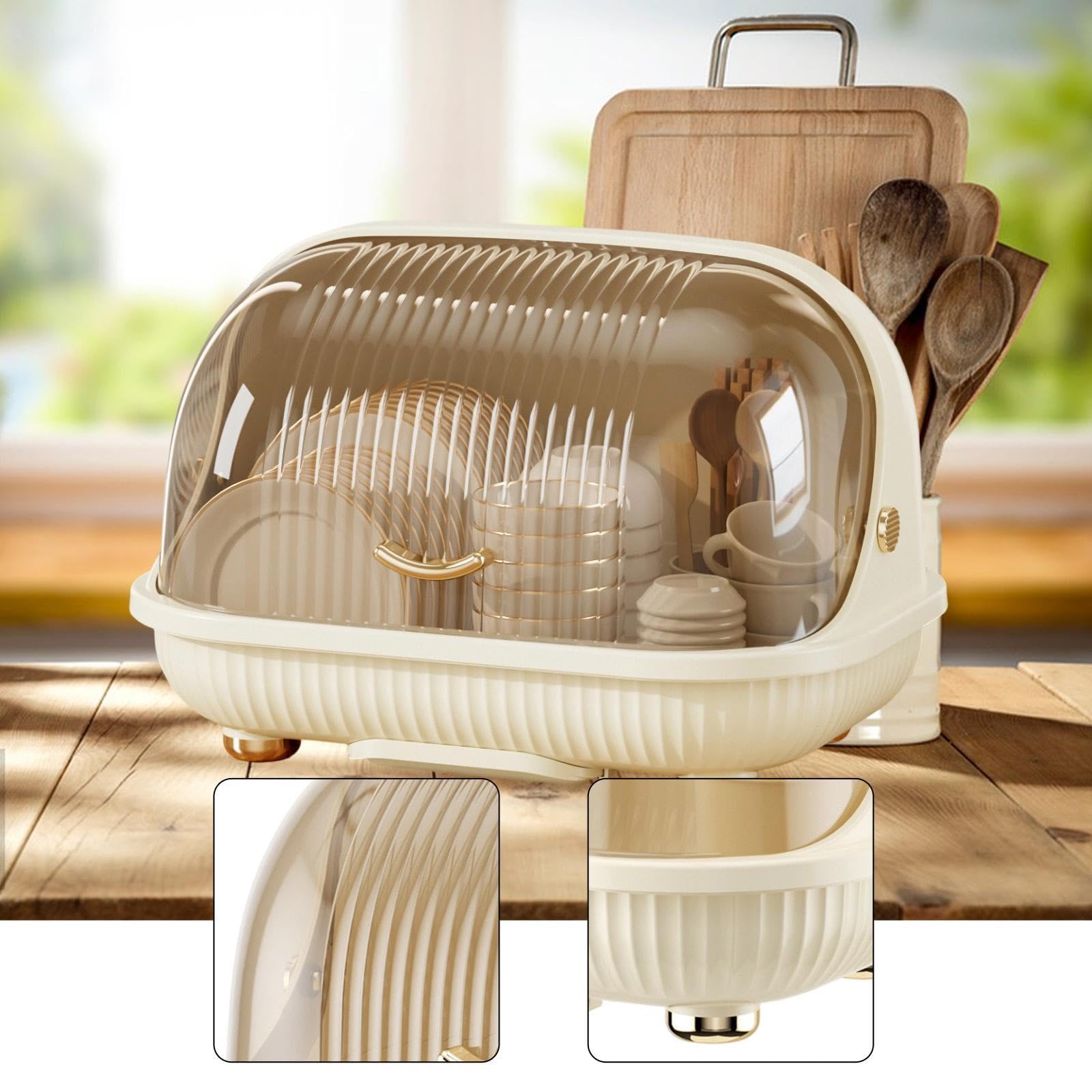 Baoblaze Boîte de Rangement Bouteille Organisateur Séchage Égouttoir Plateau Amovible Couvercle Anti-poussière pour Ustensiles Vaisselle Bébé Cuisine Rangement, S Cream