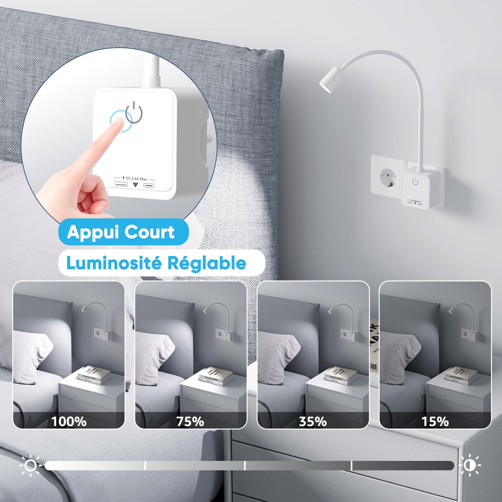 Lampes Appliques Murales, 2 Pack Blanc Lampes Lecture de Chevet Spot LED Dimmable avec Prise et Charge de Sortie USB pour Chambre, 3 Températures de Couleur, Angle Eclairage de 50°