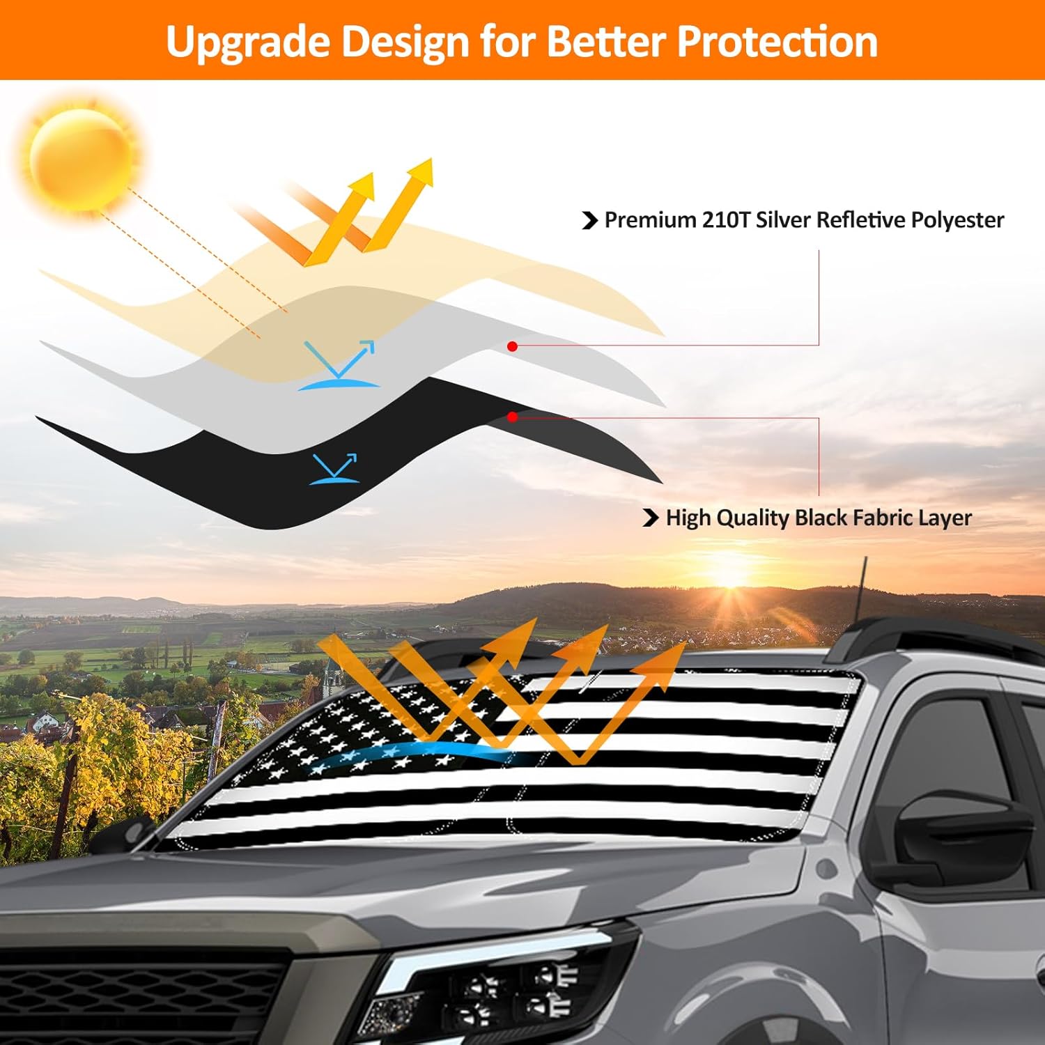 D-Lumina Winshield Sun Shade with USA Flag for 2022 2023 2024 2025 Nissan Frontier, Foldable Front Sun Shield Protector Blocks UV Rays, Window Sunshade Sun Visor Interior Accessories