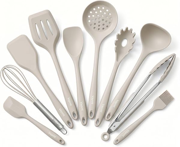 Set de utensilios de cocina de silicona Vayvnt, 10 piezas resistentes al calor, caqui | Apto para lavavajillas, no tóxico, silicona de grado alimenticio para utensilios de cocina antiadherentes, esenciales de cocina, espátula y pinzas