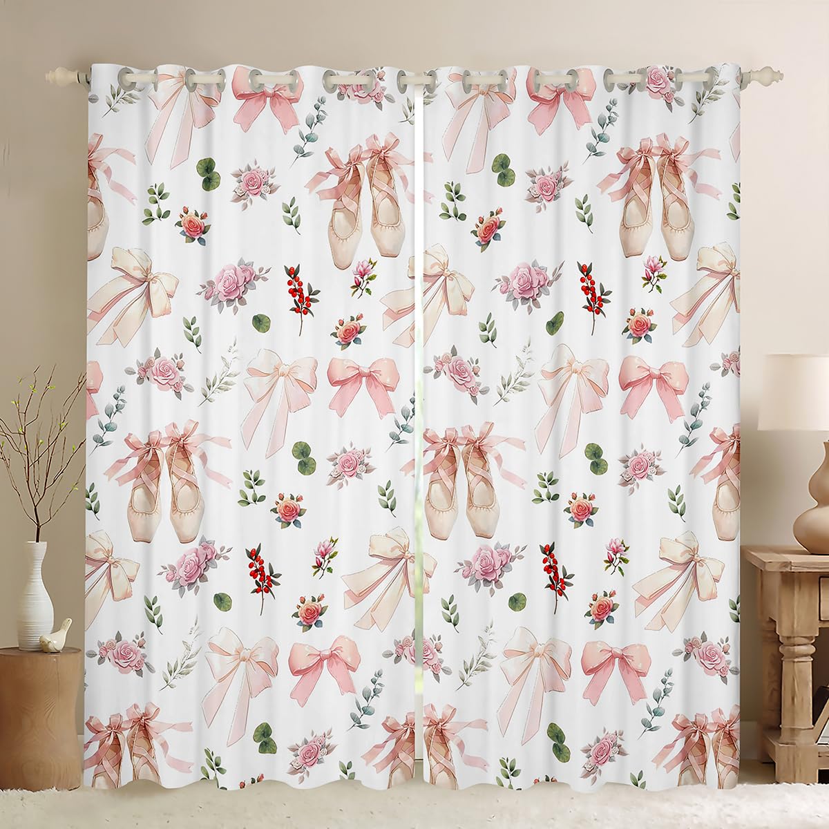 richhome Pink Flower Curtains for Bedroom Living Room Exquisite Dance Shoes Blackout Shades Gentle Bow Curtain Princess Style Window Treatments, 2 Panels W66*L72 Decor