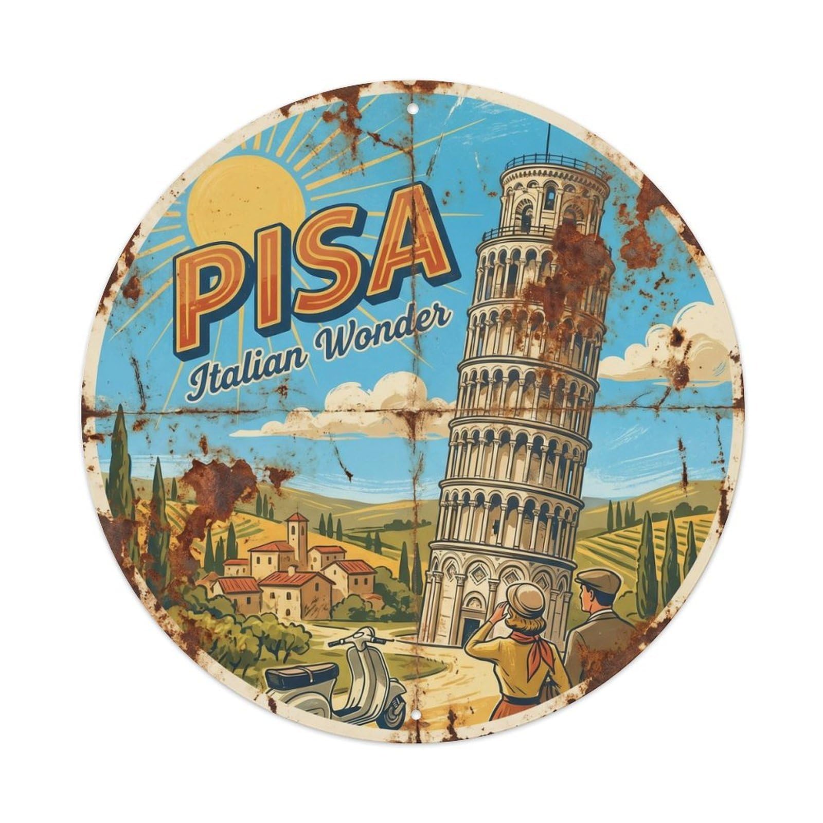 Vintage Travel Pisa Tower Landmark Metal Tin Sign Plaque Wall Decor for Cafe, Club, Garden Round Metal Poster 8x8Inch
