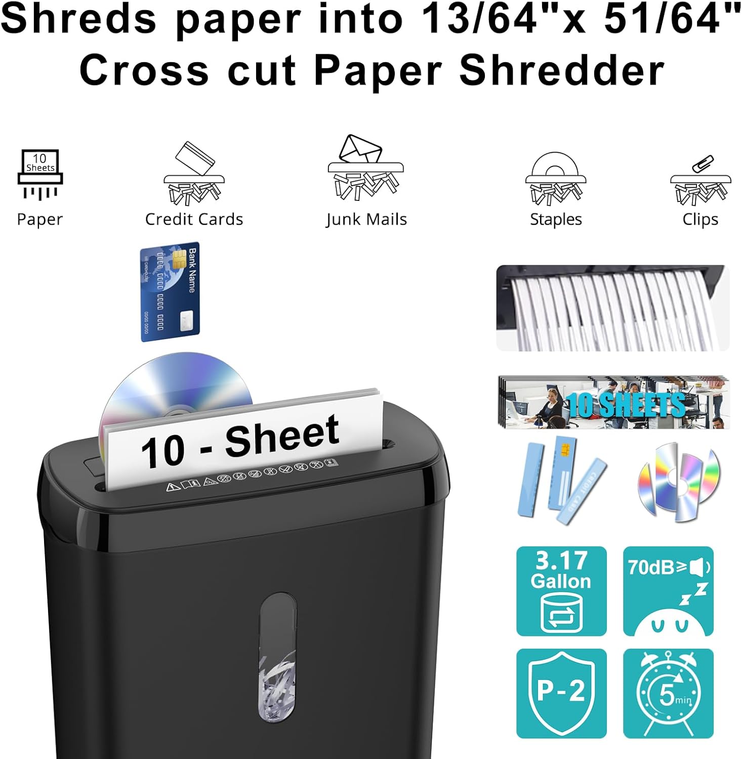 Paper Shredder for Home?10-Sheet Strip Cut,12 L Basket,P-2 Security Level,Shred CD & Credit Card Shredders for Home Use